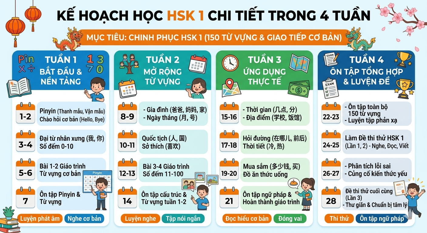 Kế Hoạch Học HSK 1 Chi Tiết Trong 4 Tuần