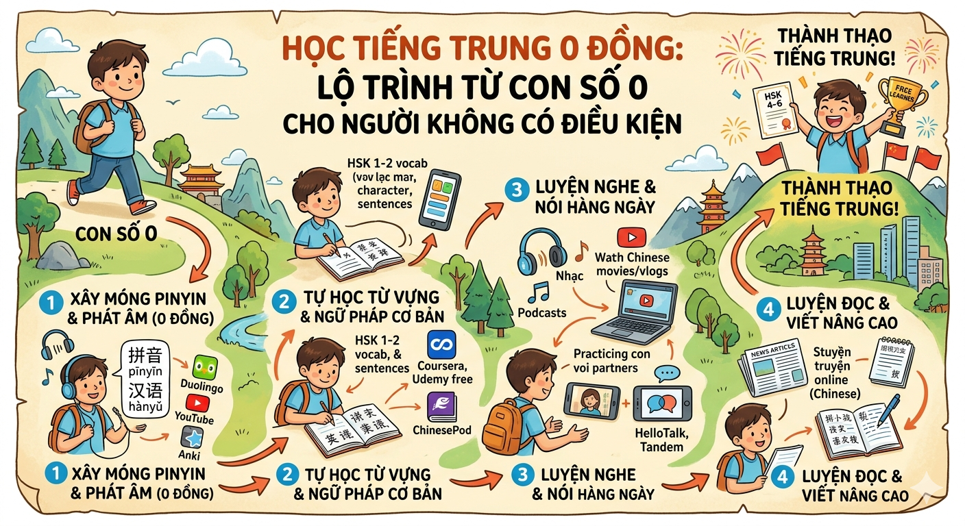 Học Tiếng Trung 0 Đồng: Lộ Trình Từ Con Số 0 Cho Người Không Có Điều Kiện