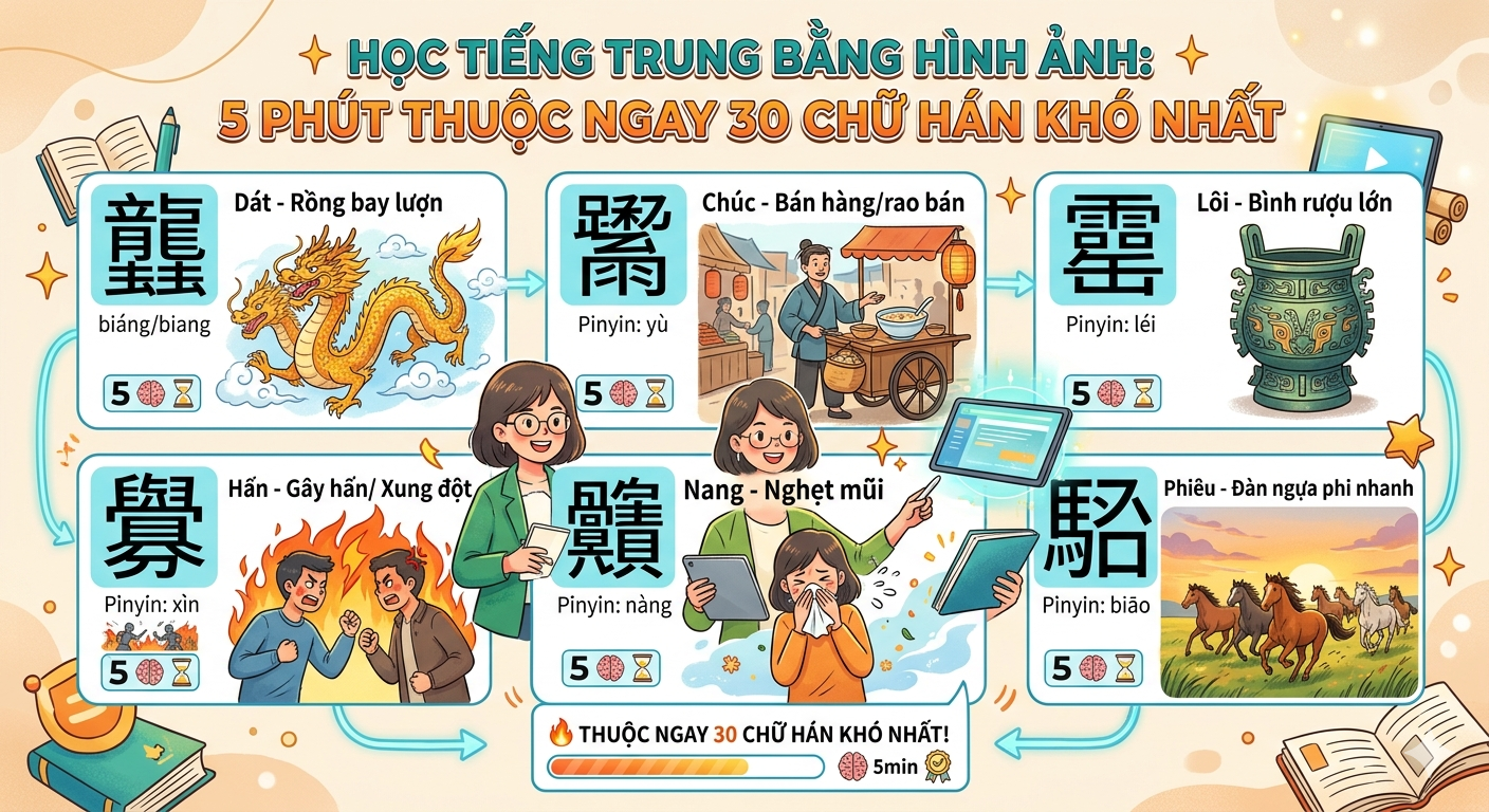 Học Tiếng Trung Bằng Hình Ảnh: 5 Phút Thuộc Ngay 30 Chữ Hán Khó Nhất