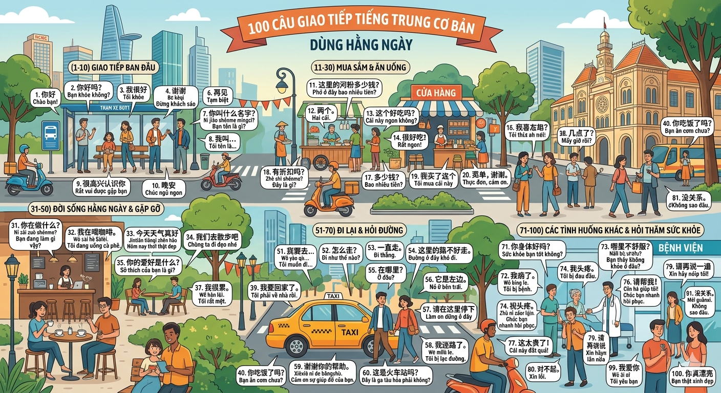 100 Câu Giao Tiếp Tiếng Trung Cơ Bản Dùng Hằng Ngày