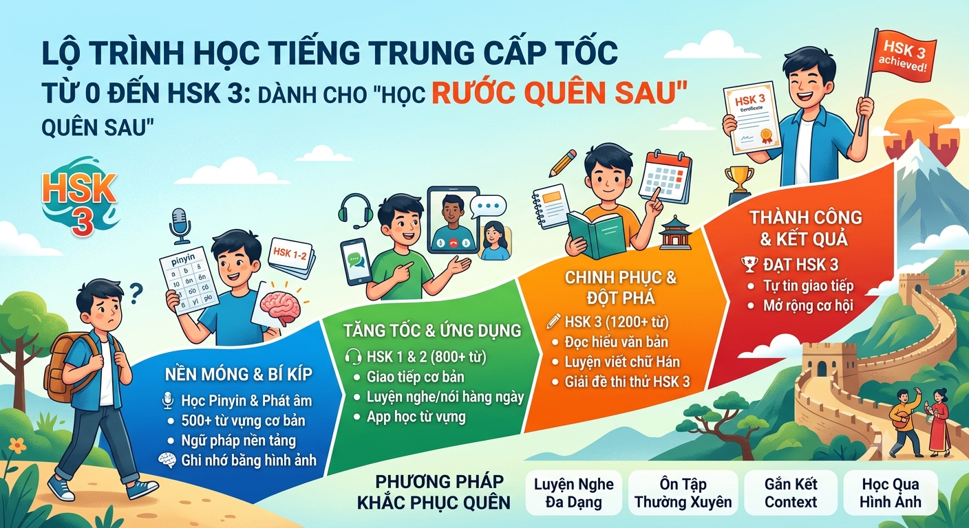 Lộ Trình Học Tiếng Trung Cấp Tốc Từ 0 Đến HSK 3 Cho Người "Học Trước Quên Sau"