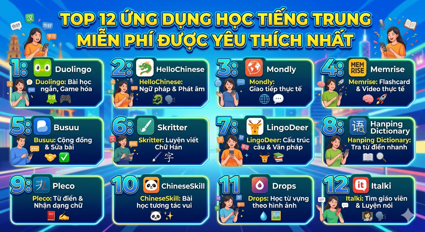 TOP 12 Ứng Dụng Học Tiếng Trung Miễn Phí Được Yêu Thích Nhất