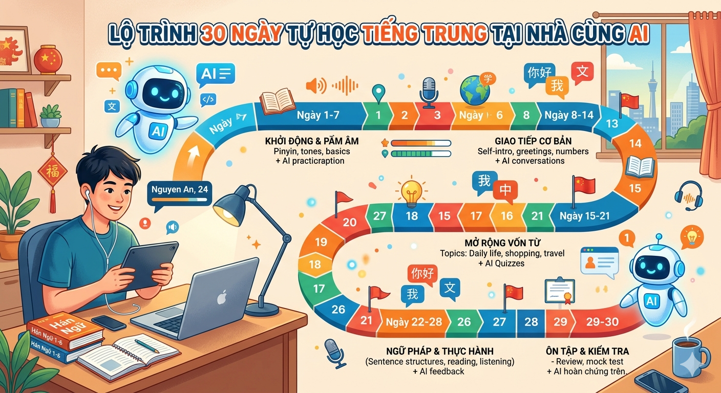 Lộ Trình 30 Ngày Tự Học Tiếng Trung Tại Nhà Cùng AI